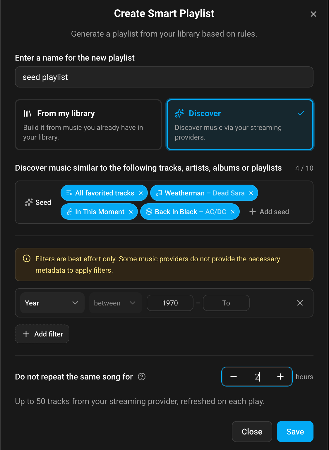 Create Smart Playlist dialog (Discover mode)