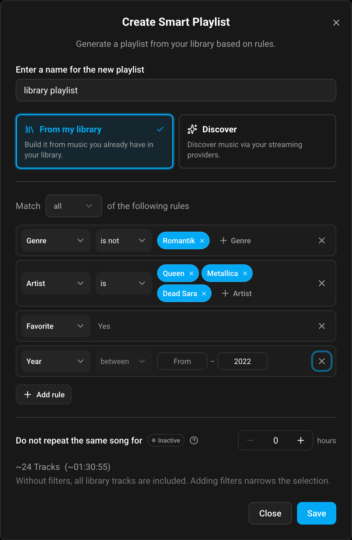 Create Smart Playlist dialog (From my library / rule-based mode)