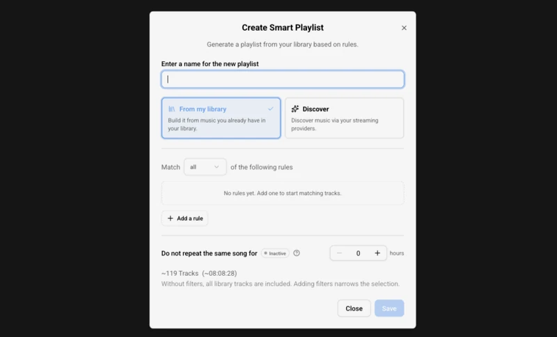 Screenshot of the Music Assistant Playlists page with the Create Smart Playlist dialog open, showing options to name the playlist, choose between From My Library or Discover sources, and add rules to filter tracks.