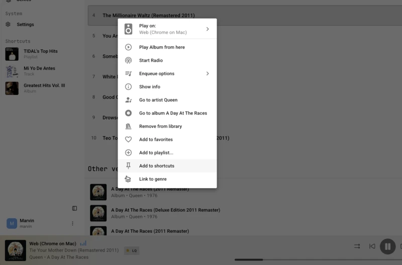 Screenshot of a Music Assistant track listing with a context menu open, highlighting the option to add a track to Shortcuts for quick access.