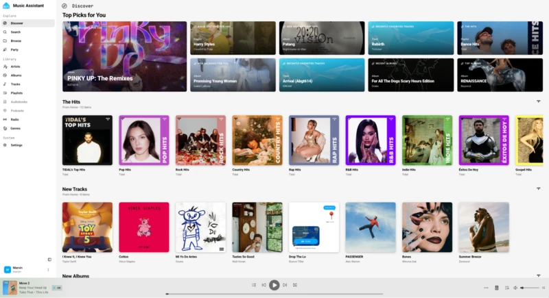 Screenshot of the Music Assistant Discover page showing personalized Top Picks, a Hits section with genre playlists from Tidal, a New Tracks section with recent releases, and a New Albums section, with album art displayed throughout.